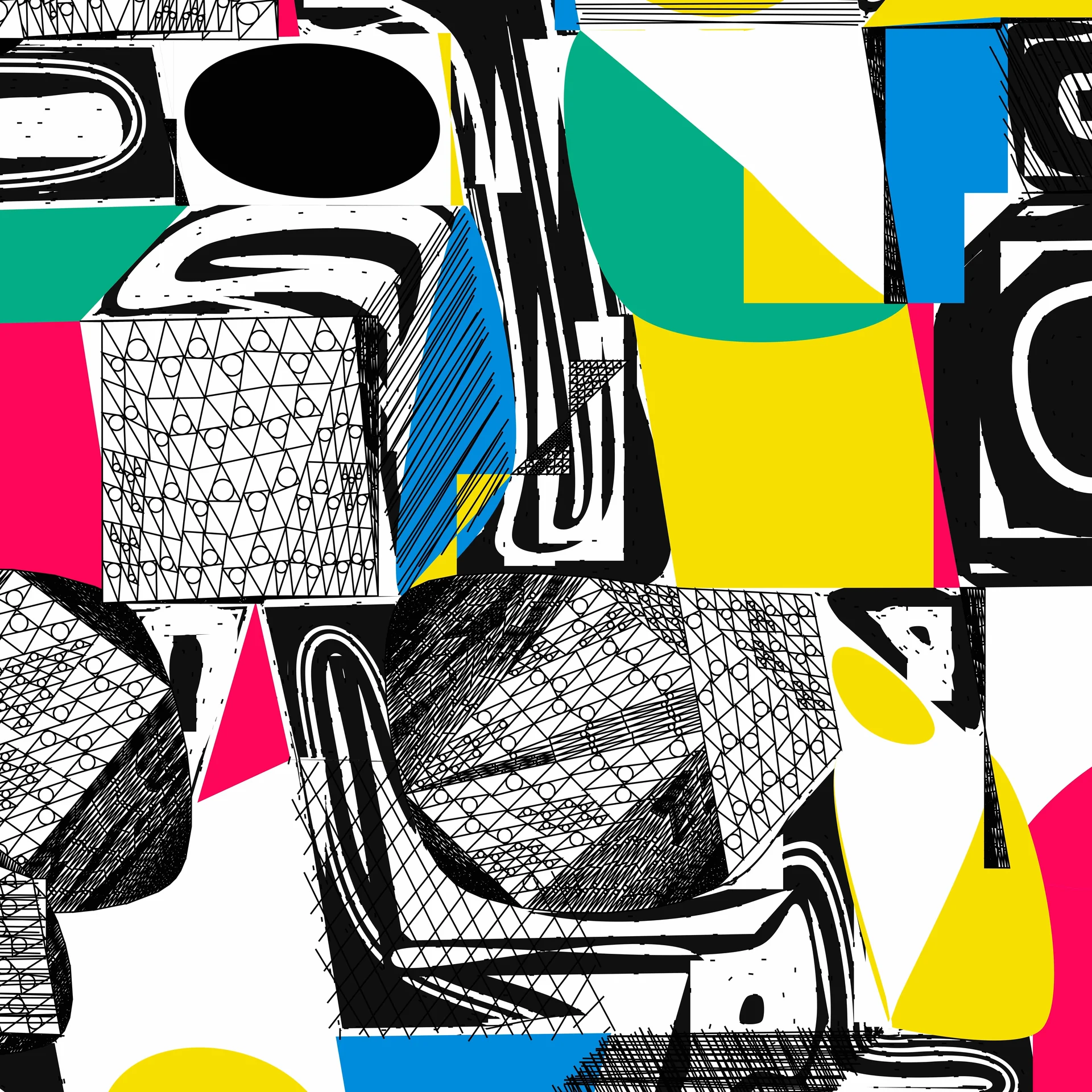 Polygon Etcetera #18: layered geometric forms, fine black lines, and brightly colored polygons.