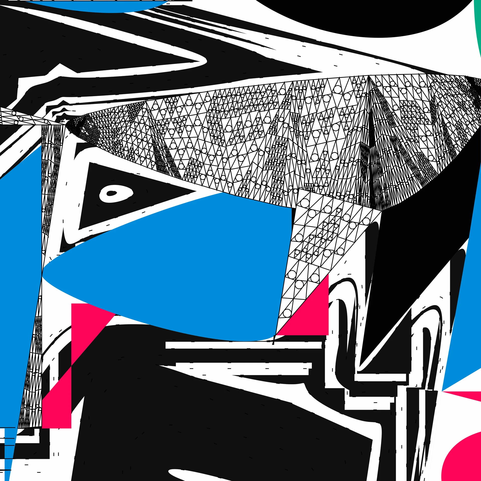 Polygon Etcetera #2: layered geometric forms, fine black lines, and brightly colored polygons.