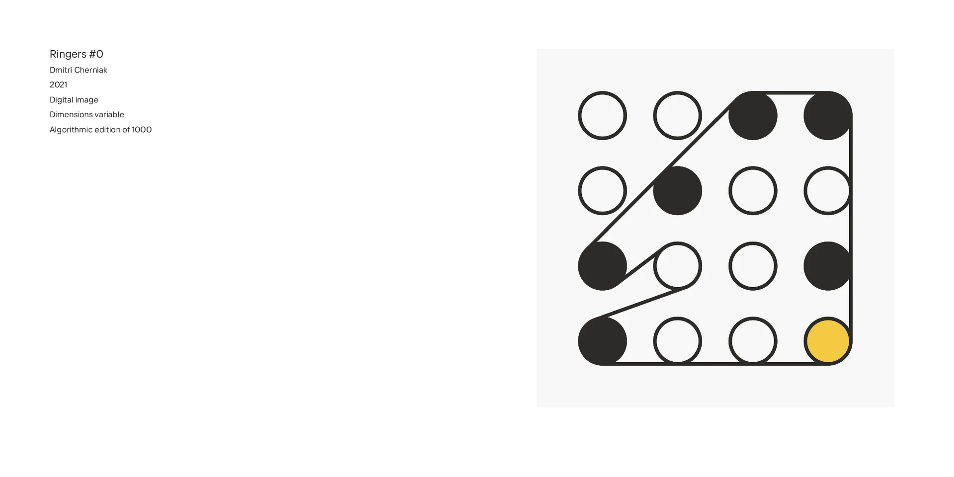 A catalogue spread: the label for Ringers #0, Dmitri Cherniak, 2021, digital image, dimensions variable, algorithmic edition of 1000, beside the work, a four by four grid of black, white, and yellow circles wrapped by a single line.