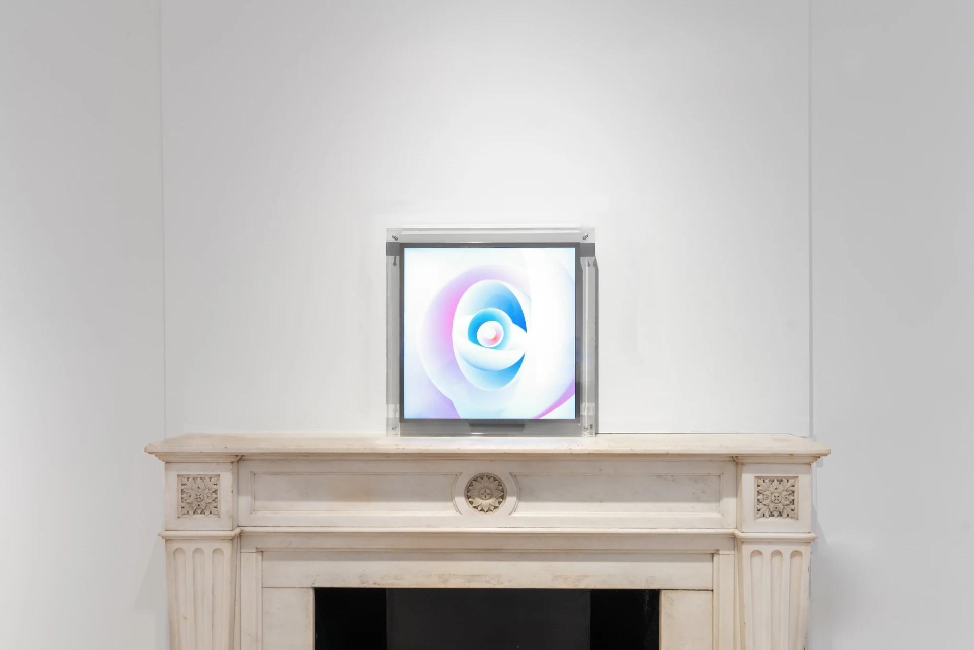 Close view of A breath of fresh pearls, nested pale blue and pink bowls on a square screen in a clear acrylic case.