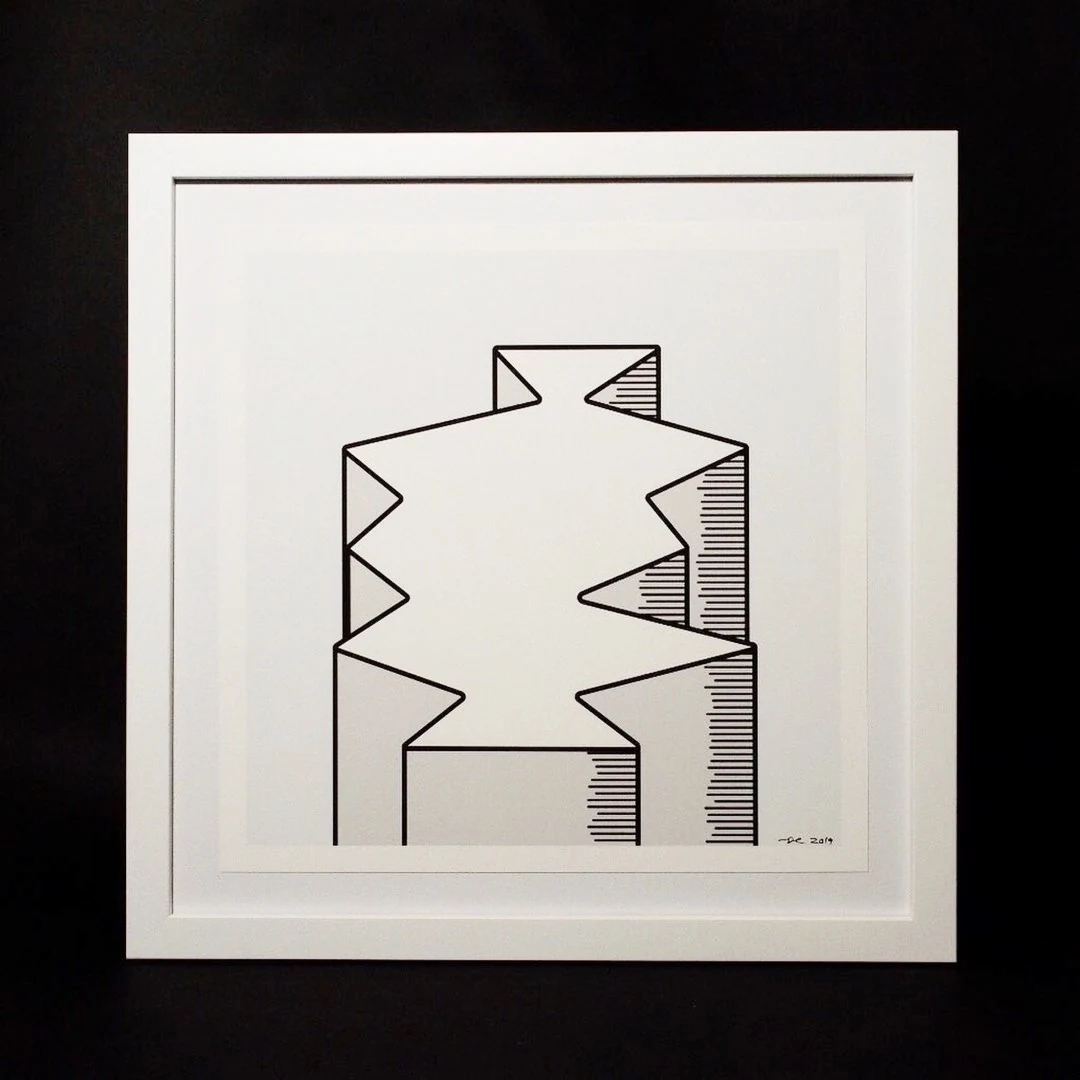 A framed print on a black background: a tall black-outlined form with zigzag edges and hatched shading on its right side, signed and dated 2019.