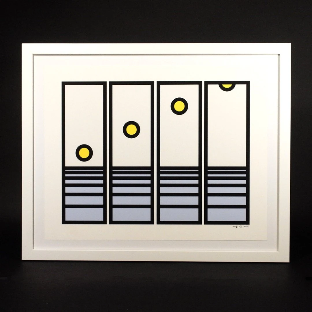 A framed print on a black background: four tall panels outlined in black, each with a yellow sun set higher than the last above pale blue horizontal bands, signed and dated 2018.