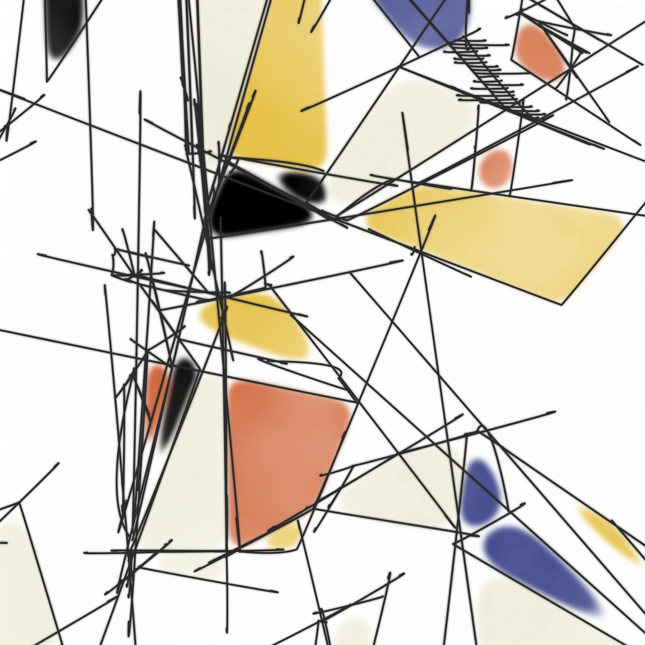 Water, Scribble, Crack by Dmitri Cherniak: intersecting black lines and soft fields of yellow, orange, and blue.