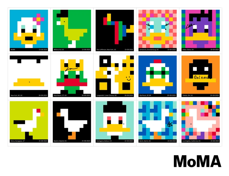 Fifteen colorful pixel-art goose stamps arranged in three rows of five, with locations, dates, signatures, and the MoMA wordmark.