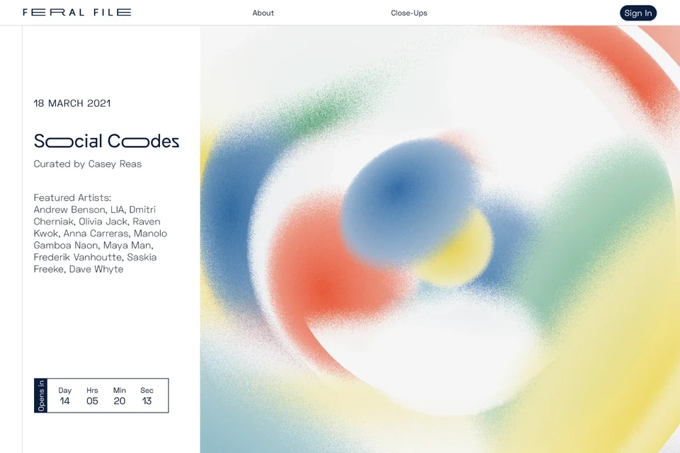 The Social Codes exhibition page on Feral File, listing the featured artists beside a large Transparent Grit image.