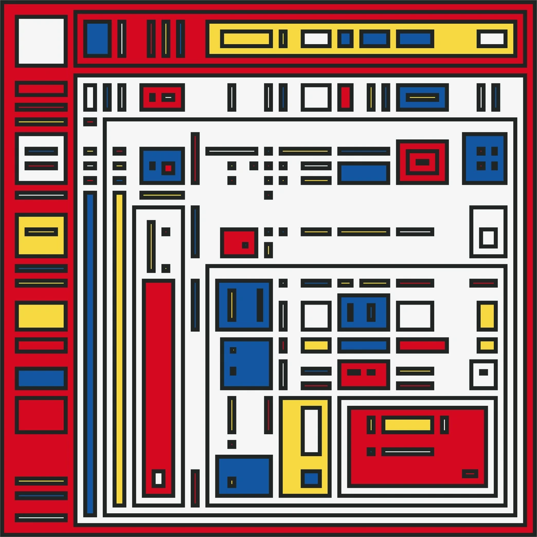 Dmitri Cherniak’s output 779: nested red, yellow, blue, and black rectangles in a dense grid.