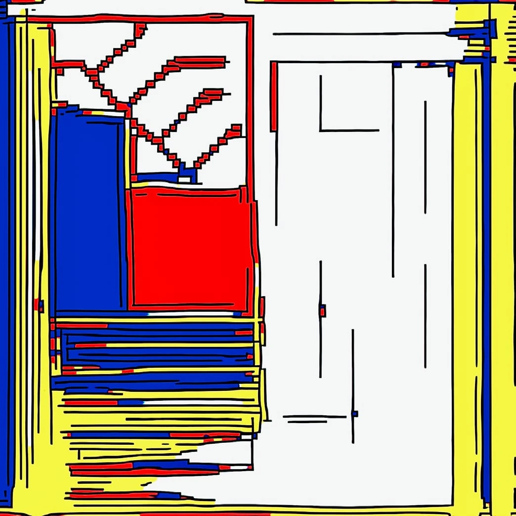 Helena Sarin’s GAN output Escalier: blue and red blocks, a stair-like run of red lines, and yellow and white stripes.