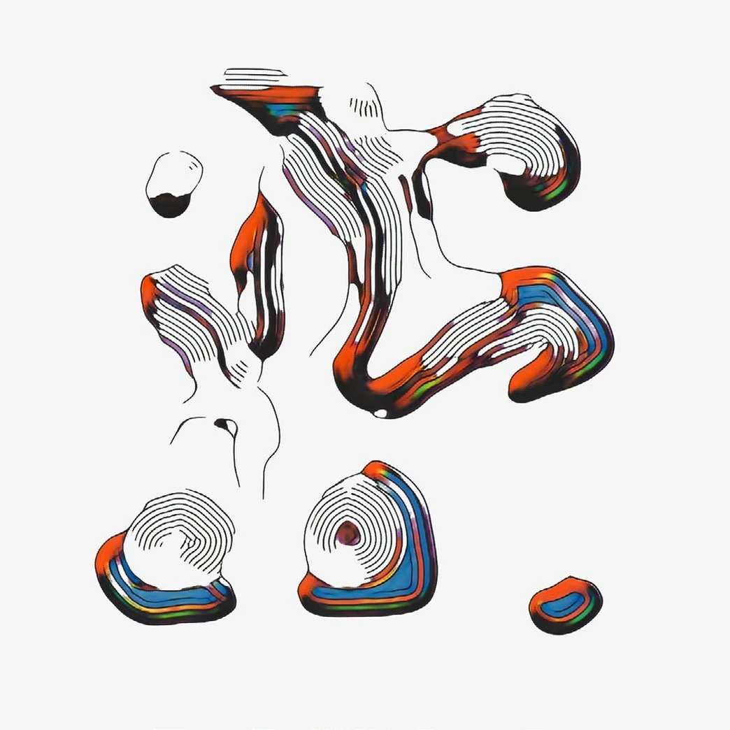 Helena Sarin’s GAN output The Family Nest: banded, organic shapes in orange, blue, and gray, loosely scattered.