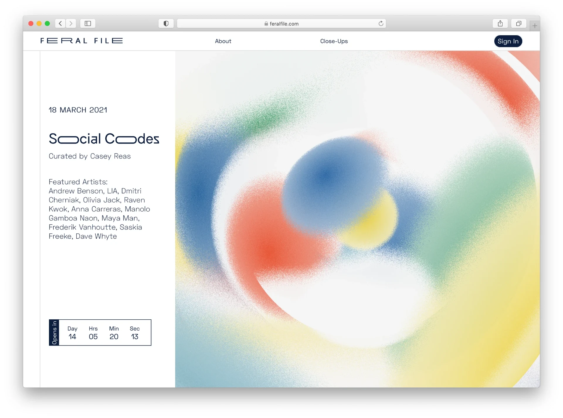 The Social Codes exhibition page on Feral File, listing the featured artists beside a large Transparent Grit image, shown in a browser window.