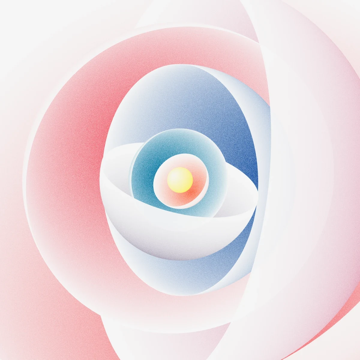 Nested translucent bowls in pink, blue, and white around a small glowing yellow sphere.