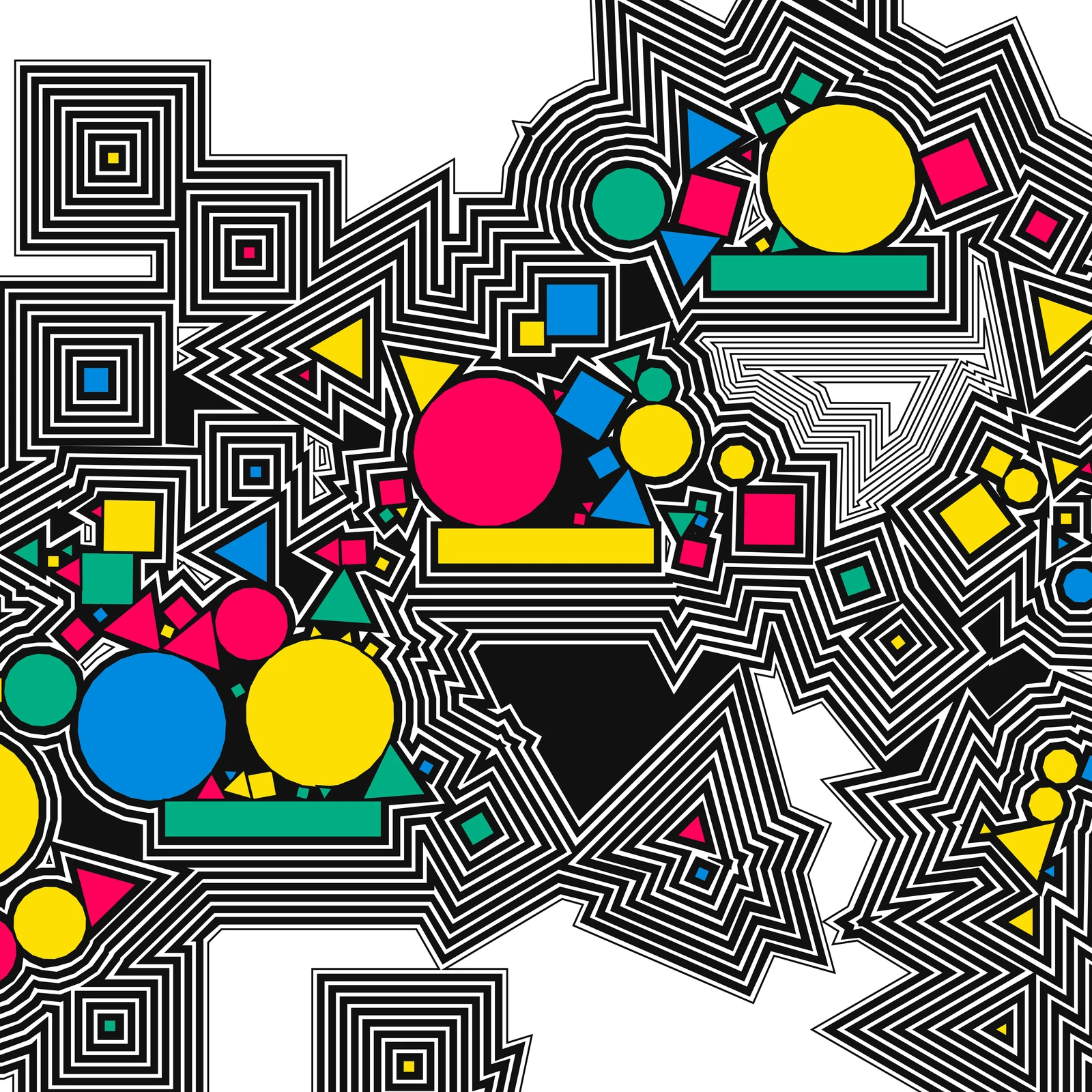 Striped geometric shapes and primary colors across three descending platforms.