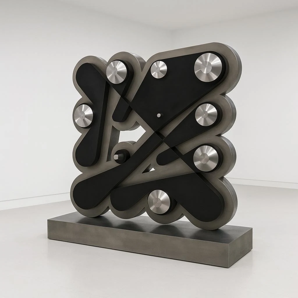Floor Ringer, a freestanding metal sculpture of looping dark bands and cylindrical pegs on a steel base.