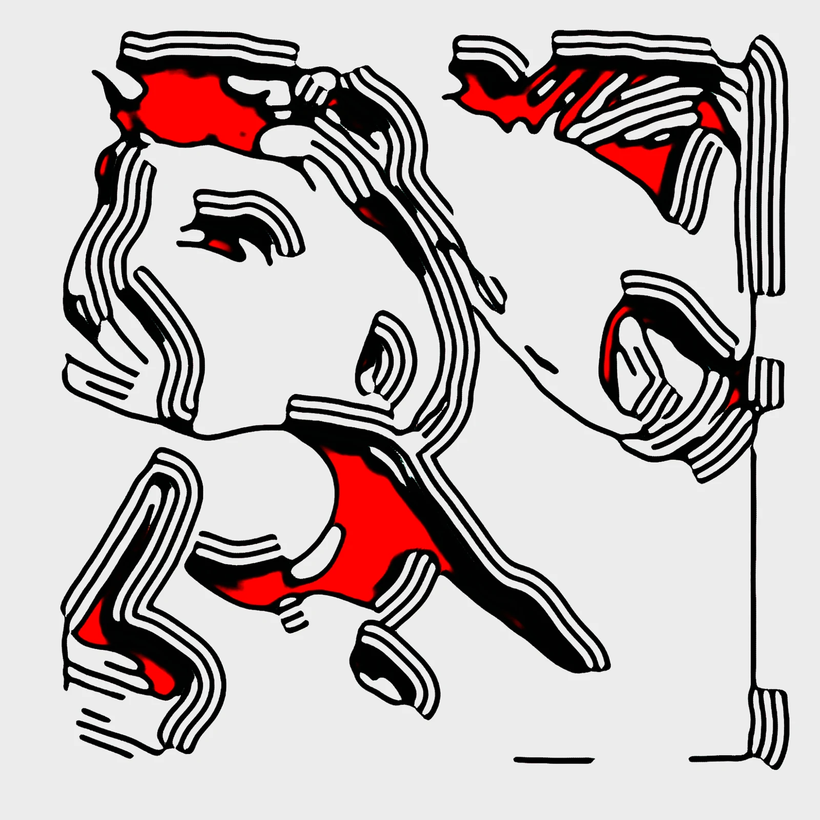 Black and white striped forms with vivid red interiors on a pale ground.