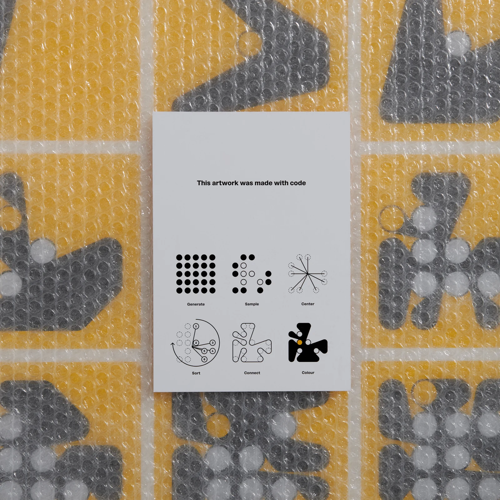 A card showing six steps of the Ringers algorithm rests on the print beneath bubble wrap.