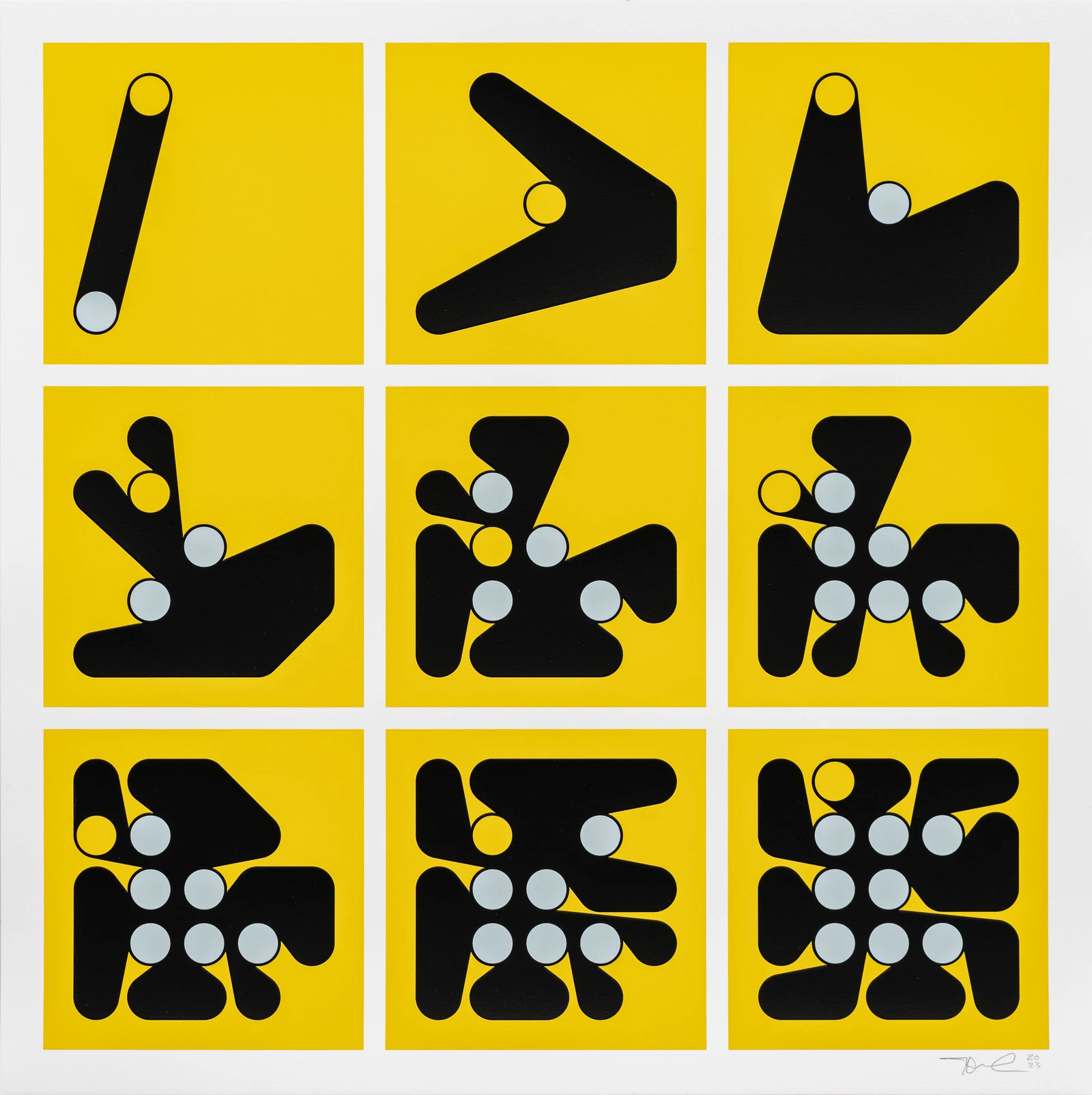 Nine black, white, and yellow Ringers variations arranged in a three-by-three grid on paper.