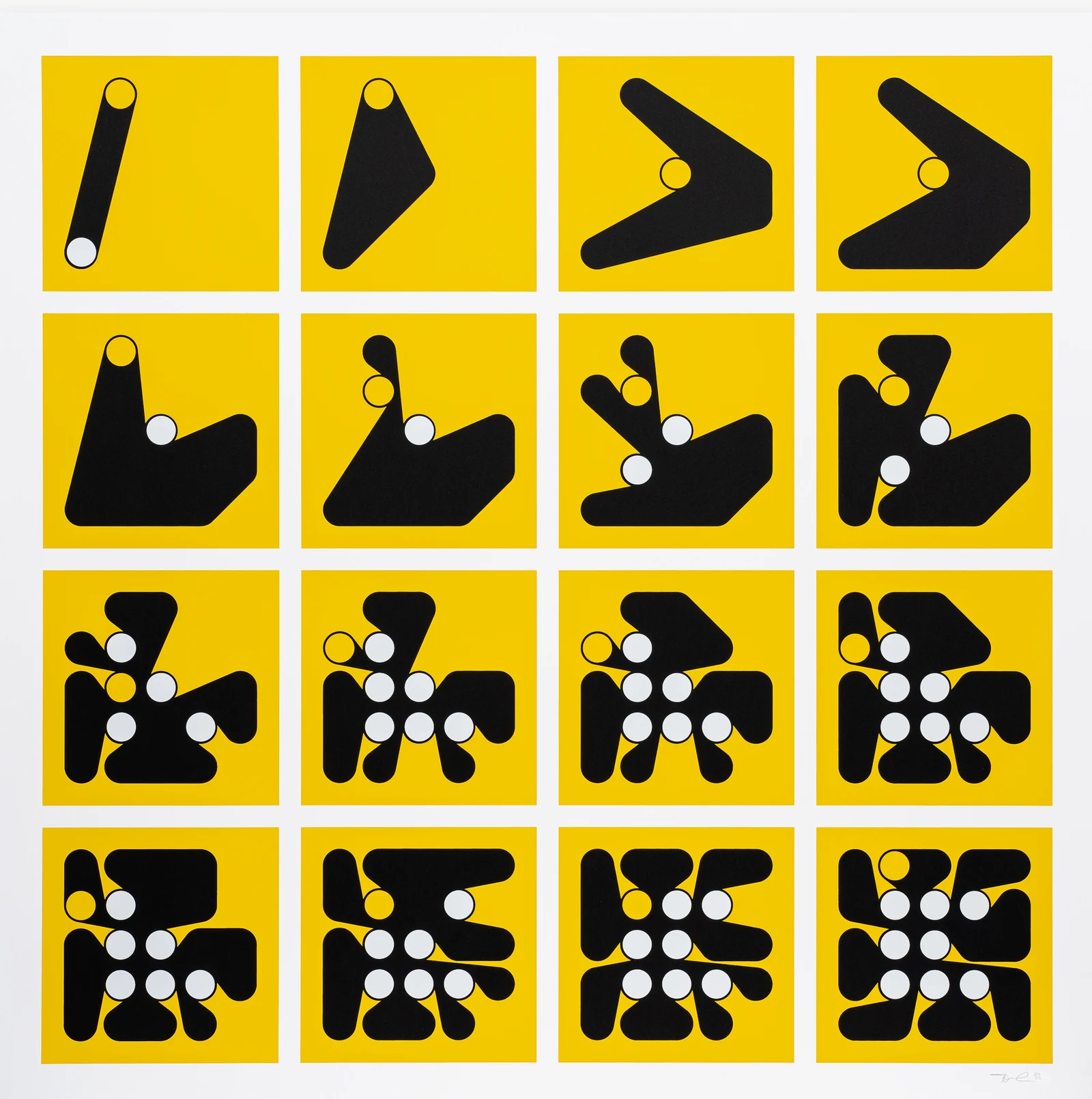 Sixteen yellow-ground Ringers variations arranged in a four-by-four grid.