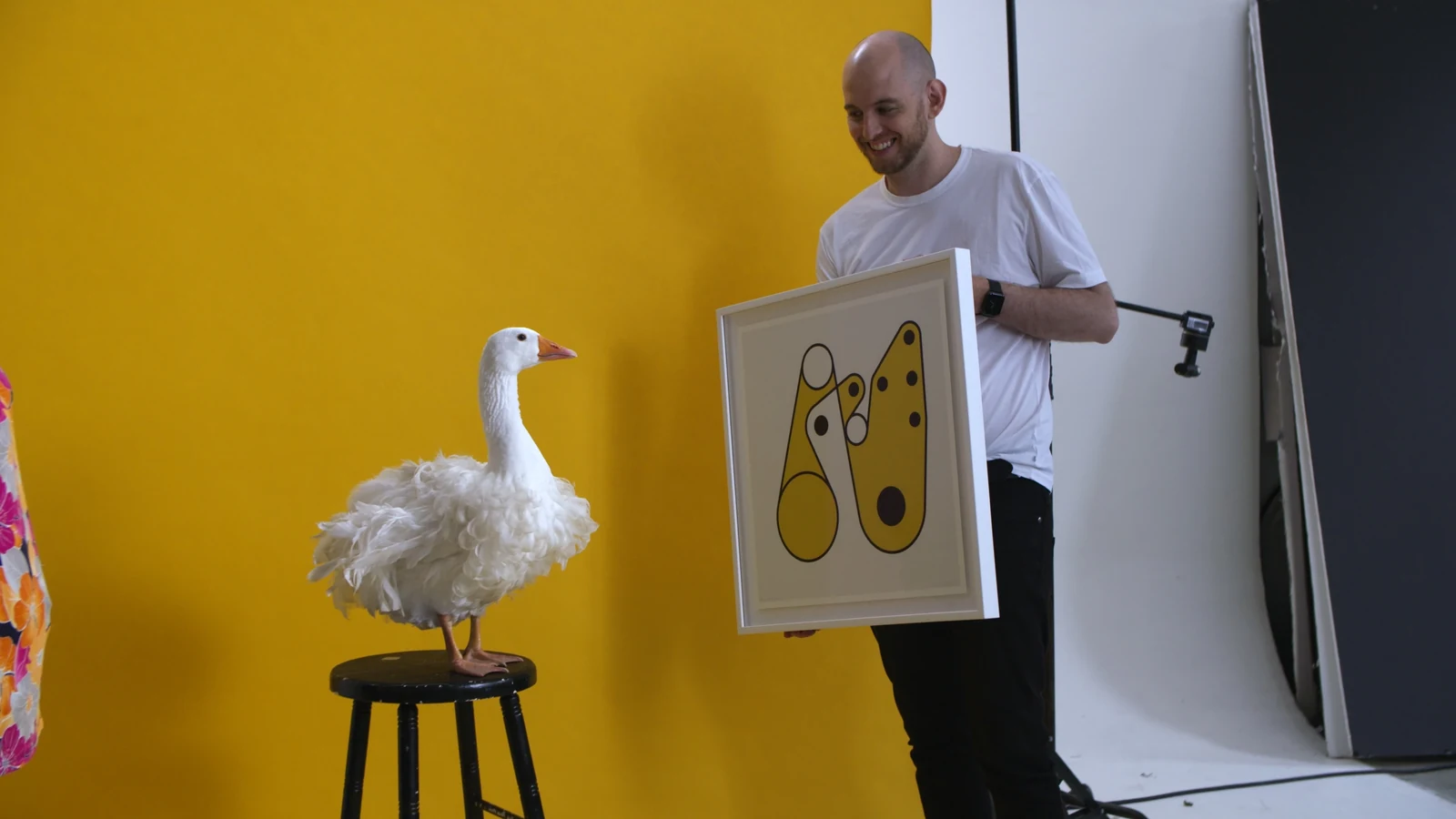 Dmitri Cherniak holds a framed print of Ringers #879 beside a white goose against a yellow studio backdrop.