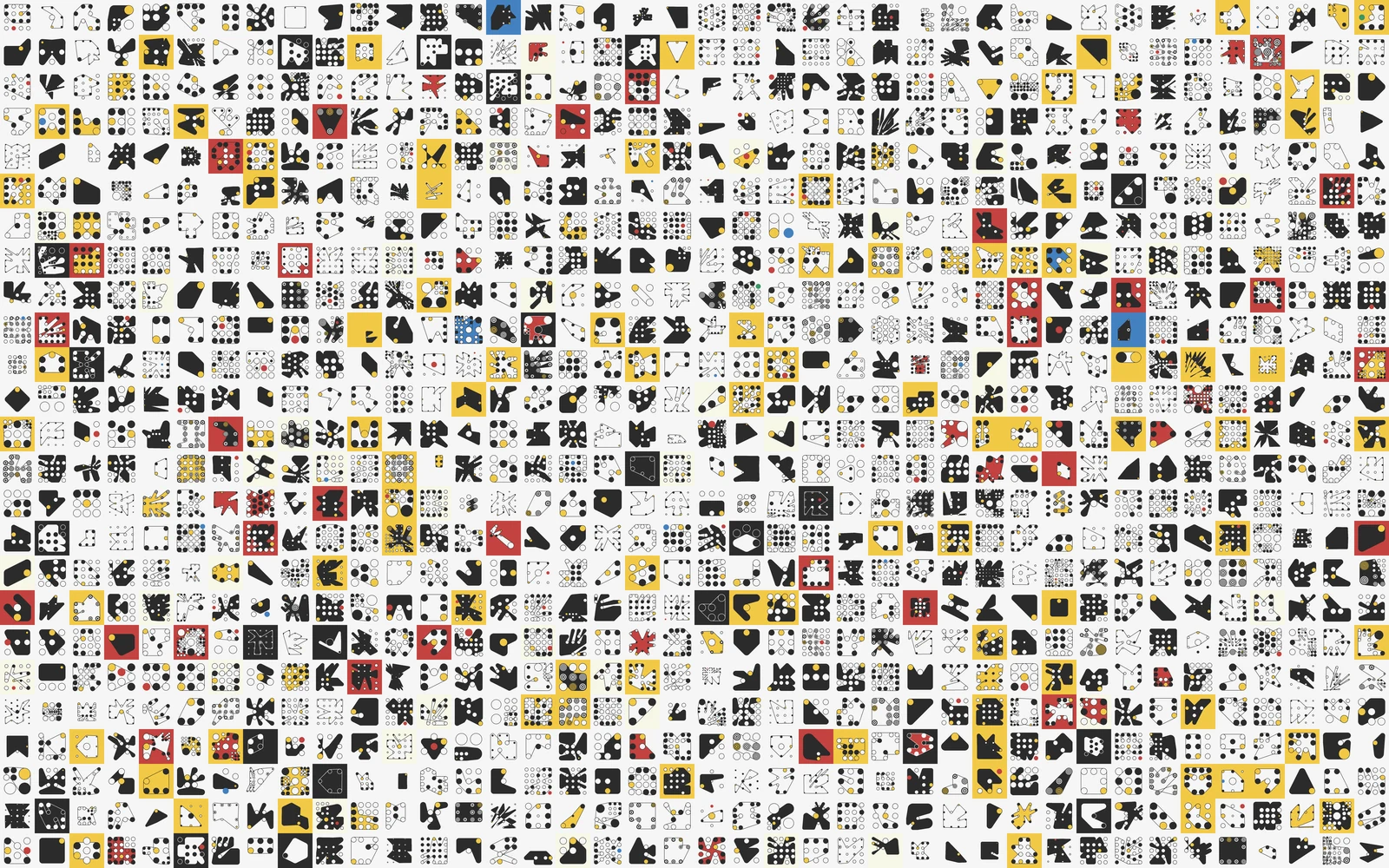 The complete Rinkeby set of 1,000 Ringers, arranged in a forty-column grid of varied strings and pegs.