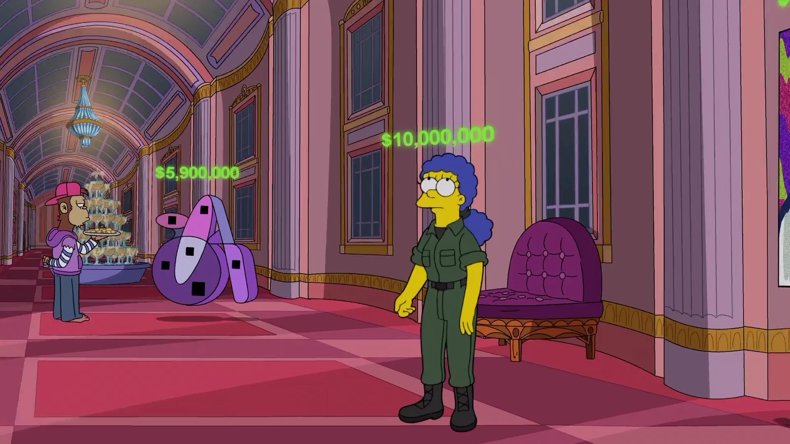 Marge Simpson stands beside a purple parody of The Goose in the NFT-themed Halloween episode.