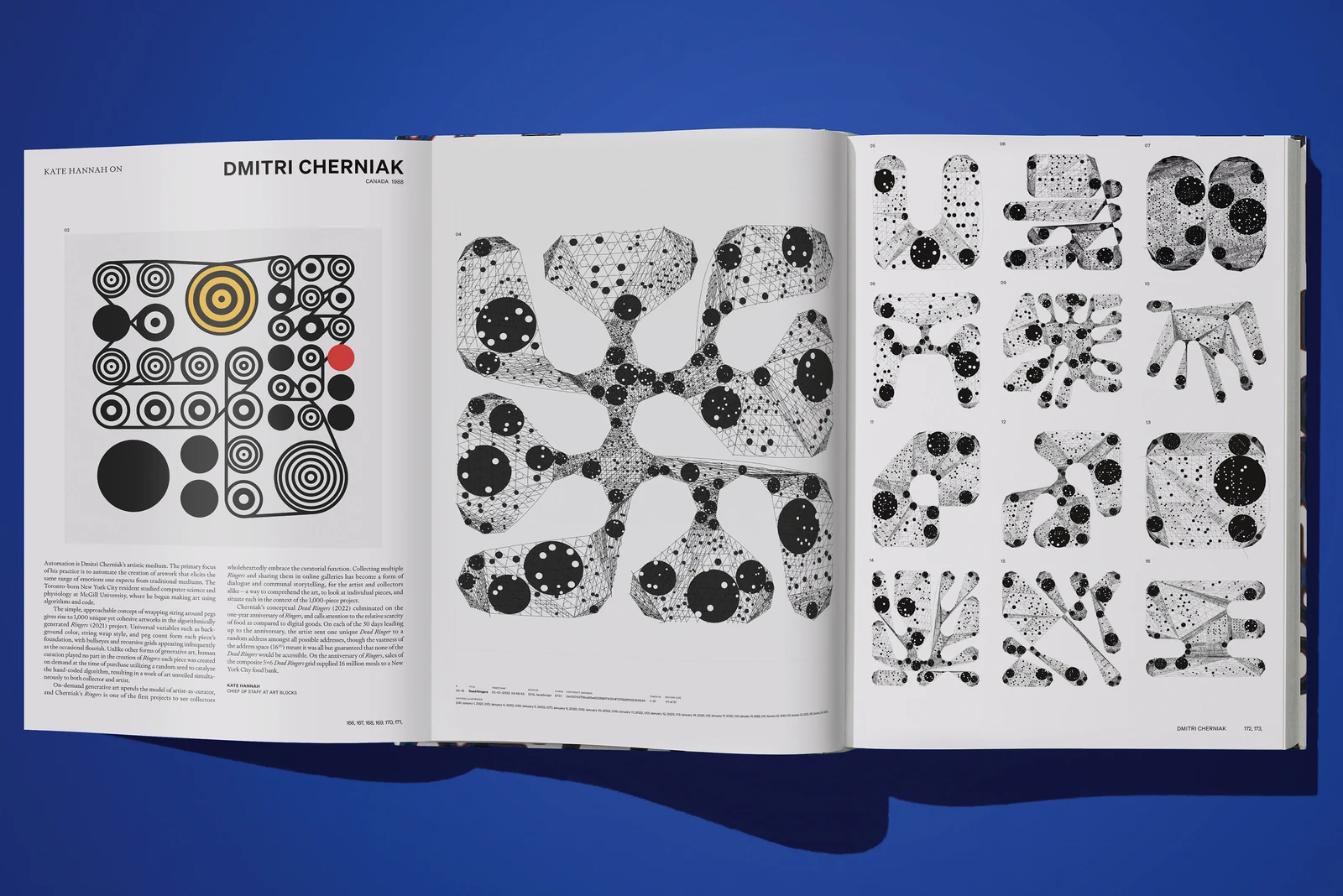 An open TASCHEN book on a blue background shows Kate Hannah’s profile of Dmitri Cherniak, Ringers #109, and a selection of Dead Ringers.