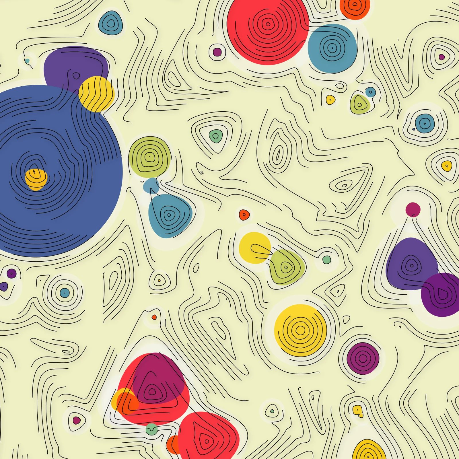 Black contour lines winding across a pale yellow ground around circles of blue, red, purple, yellow, teal and green. Just above the center, two ringed shapes over a pointed line and a curving line read as a small face.
