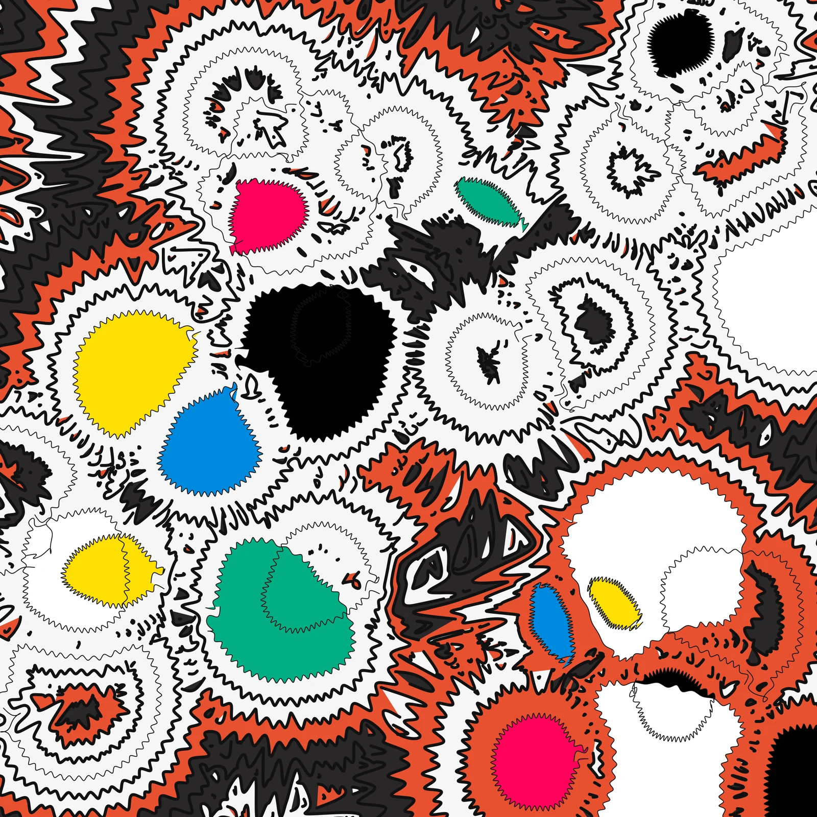 An intricate field of curving black contours and red, yellow, blue, and green shapes.