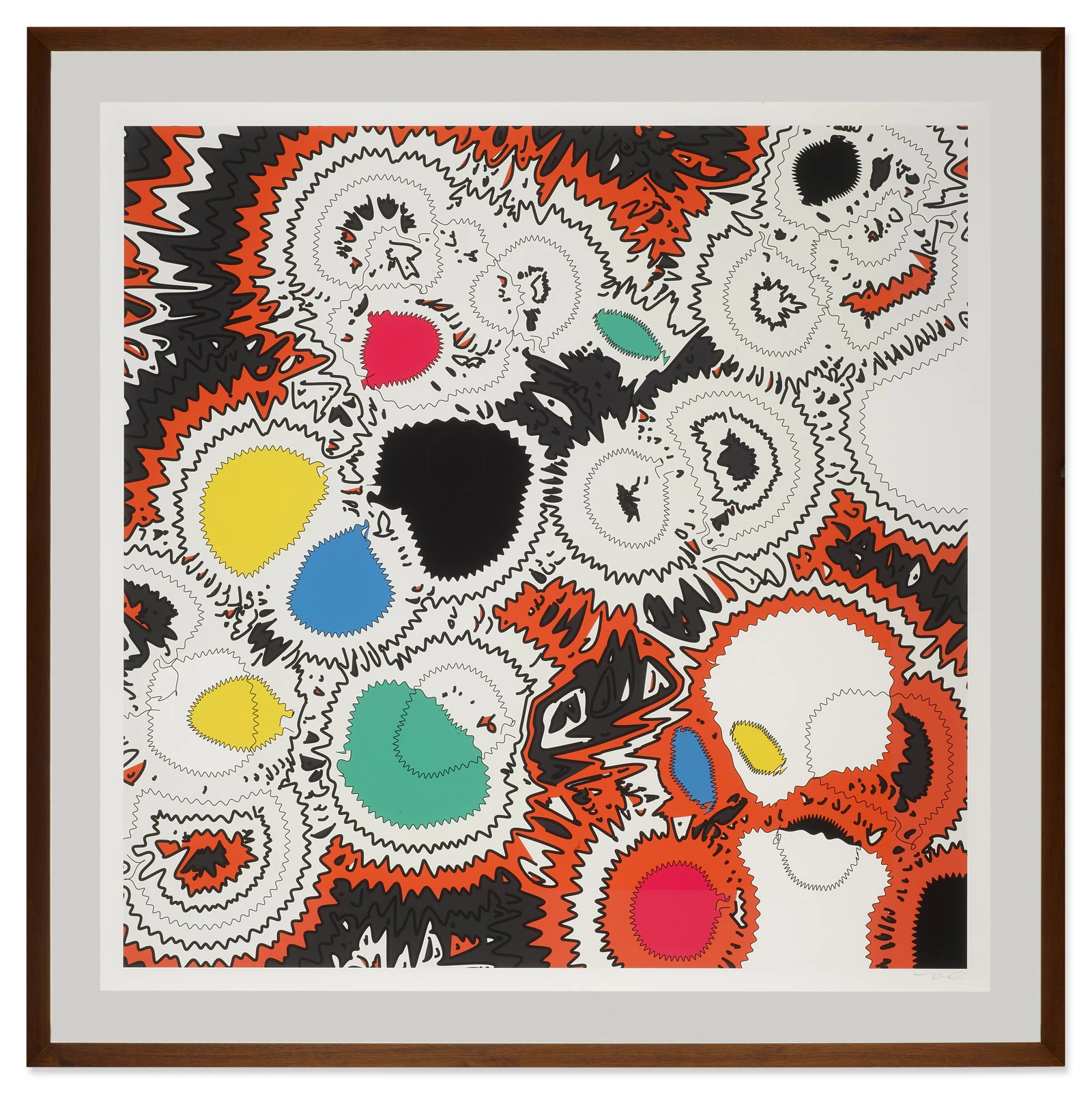 A front-facing view of the complete print in a dark wooden frame with a white mat.