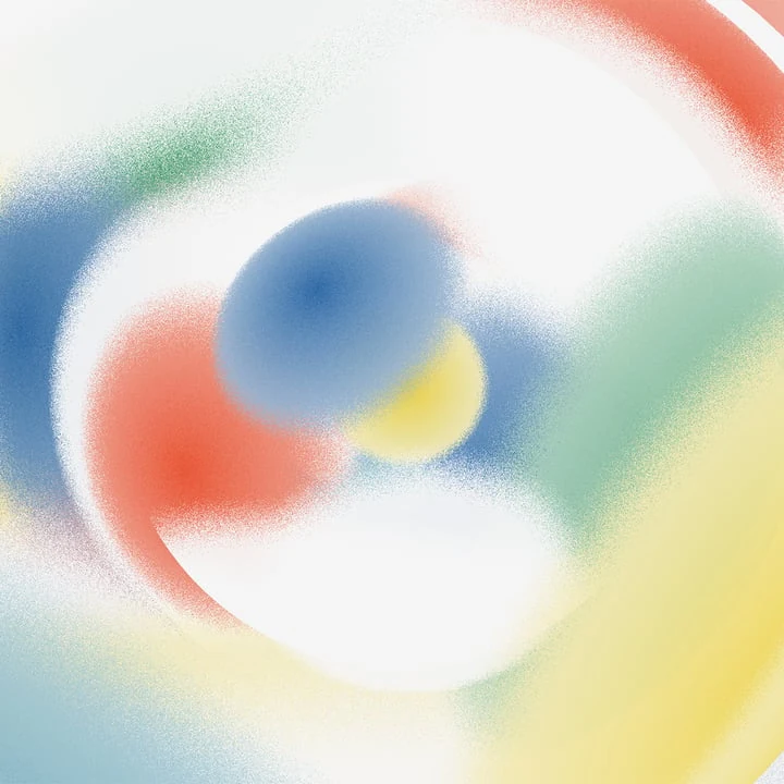 Soft, grainy red, blue, yellow, and green translucent forms overlap on a pale background.