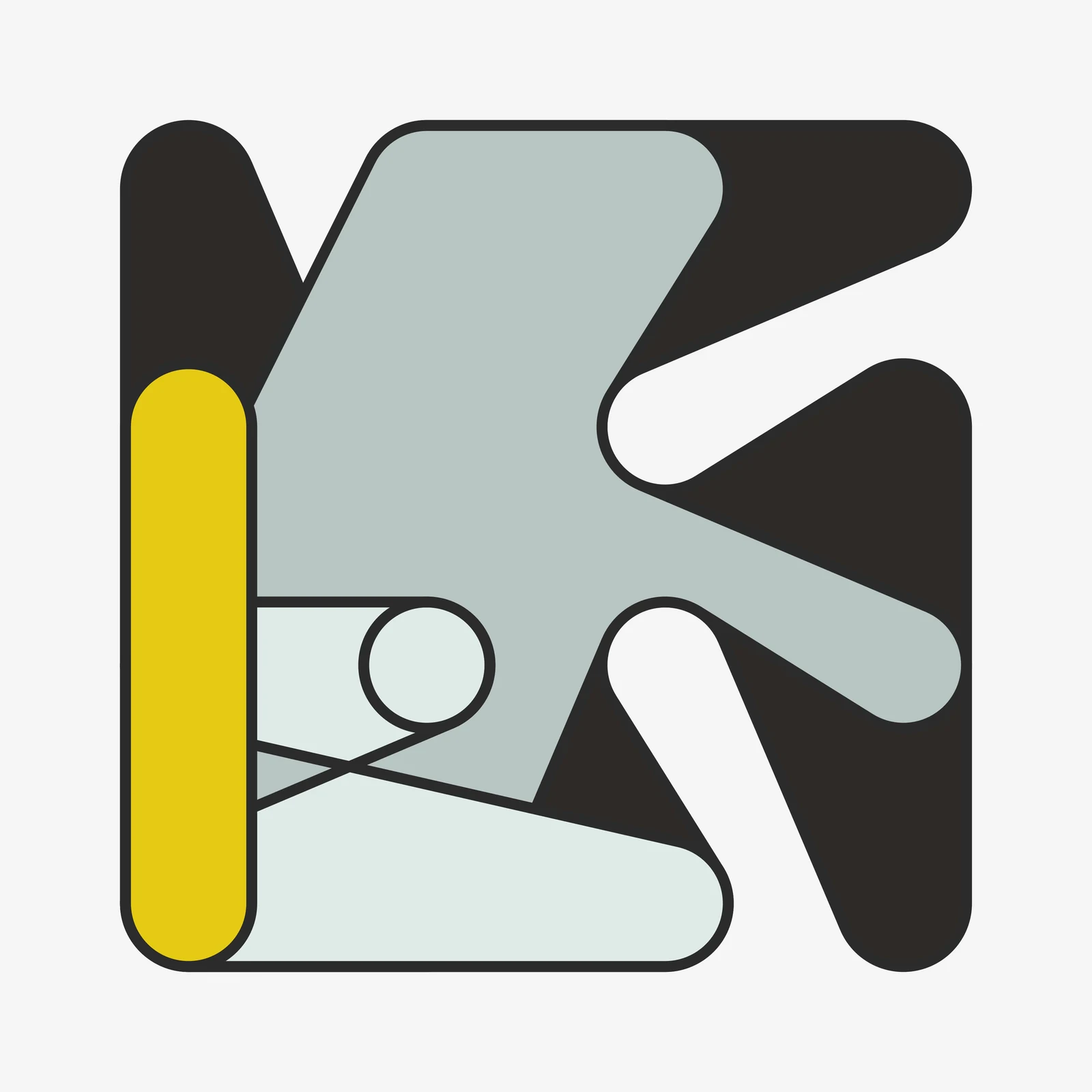 Overlapping rounded forms with long, round-ended arms in charcoal, grey-green, and pale mint, with a tall yellow bar at the left and a small ring near the center, on a light grey ground.