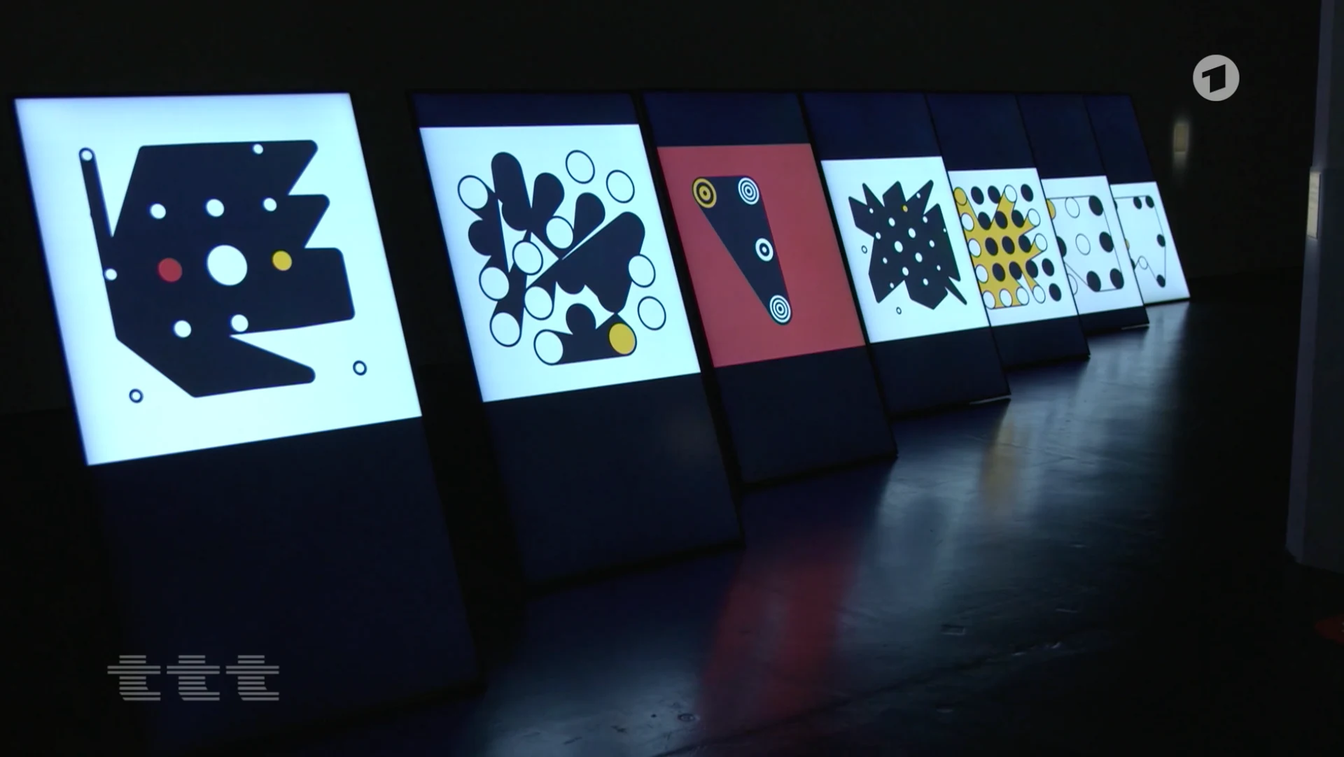 The same row of screens showing another selection of Ringers, with black silhouettes and red and yellow accents.